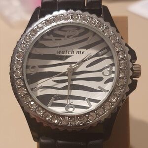 🦋10/$20🦋 Watch Me Silver/Black Zebra Print Rhinestone Silicone Women's Watch